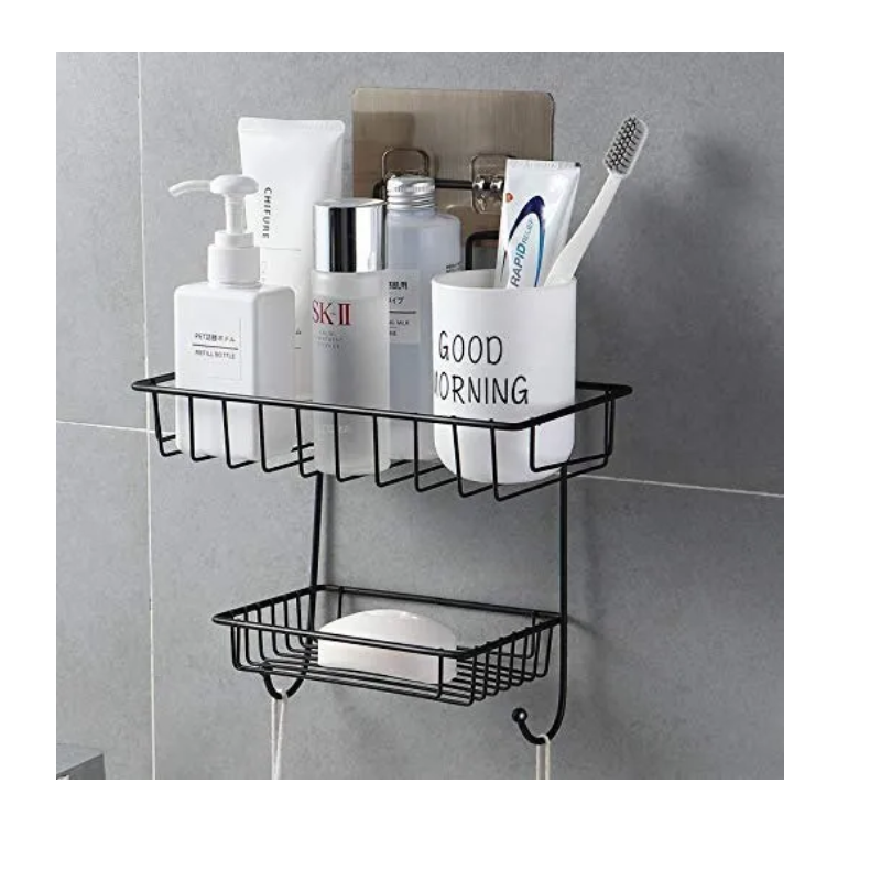 Bathroom Organizer With Two Shelves & Soap Holder Made Of Durable Steel Main Image